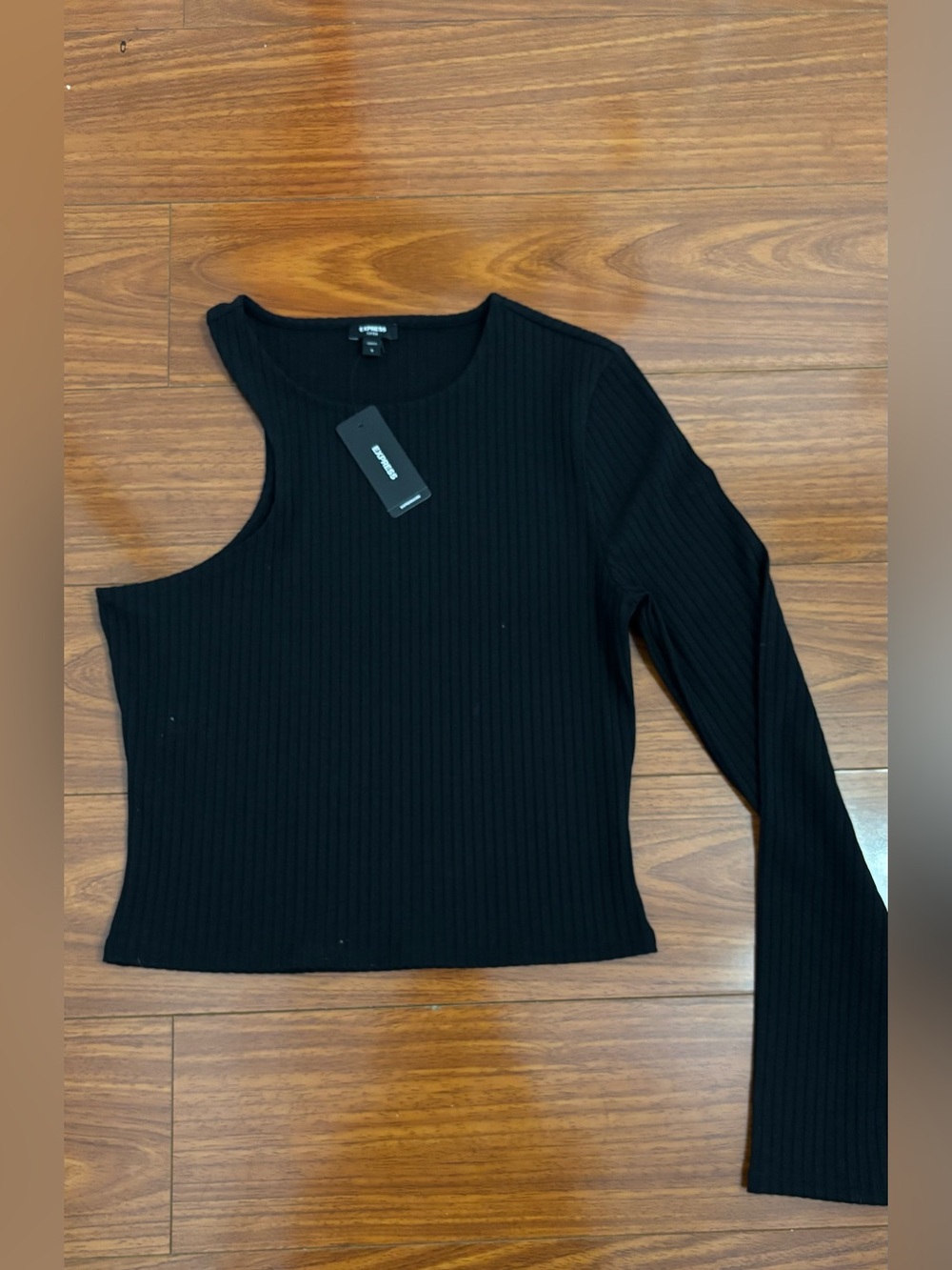 Express Black Asymmetric One-Shoulder Ribbed Long Sleeve Top